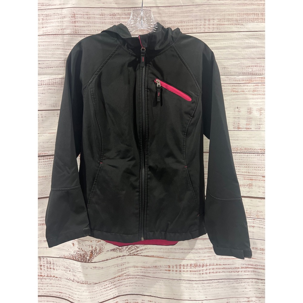 Free Tech Girls Softshell Jacket Black Pink Fleece Lined Hooded Size M 8-10